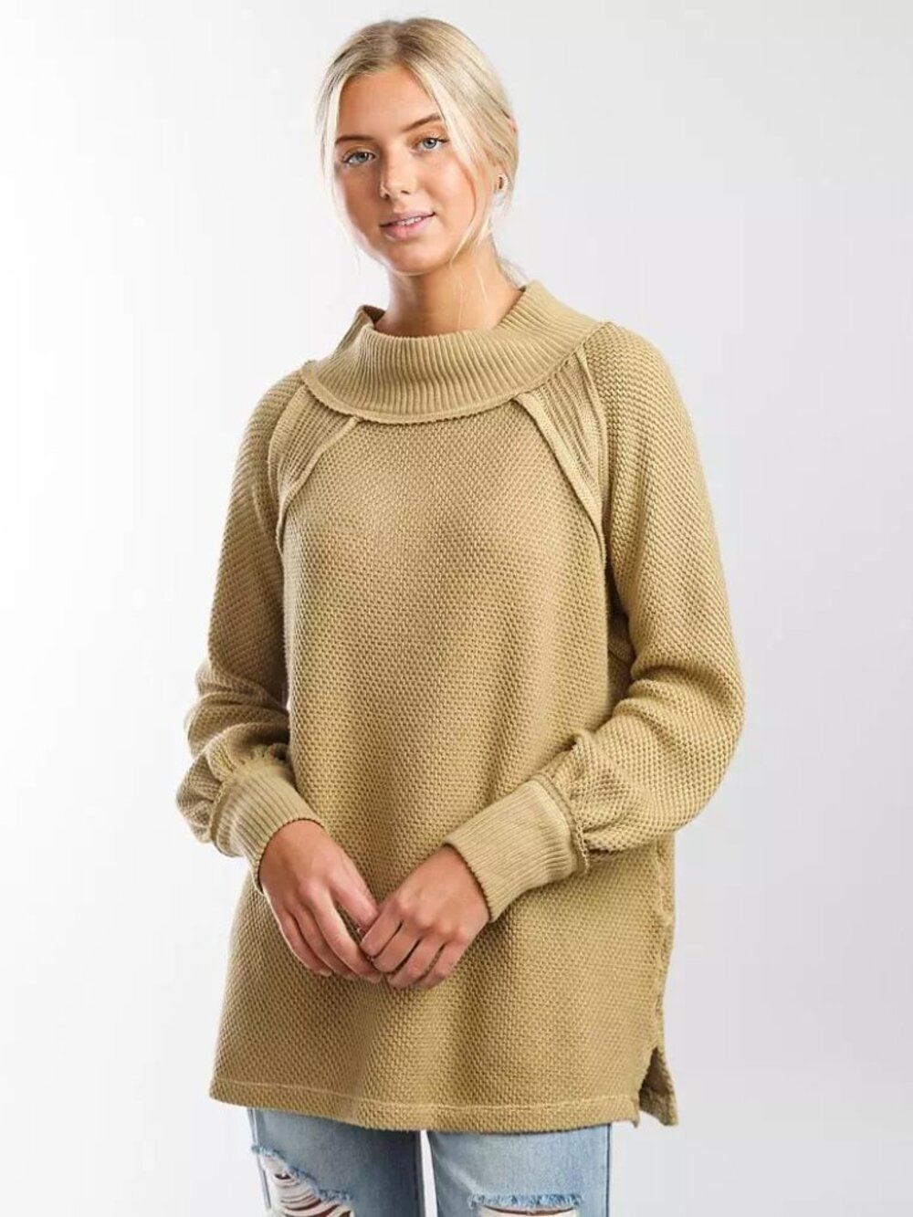 Free People Beige Textured Knit Balloon Sleeve Sweater Size Large